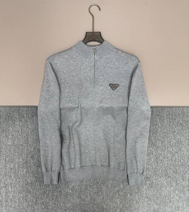 Prada 2025 New High-Neck Half-Zip Sweater, featuring a logo design on the chest