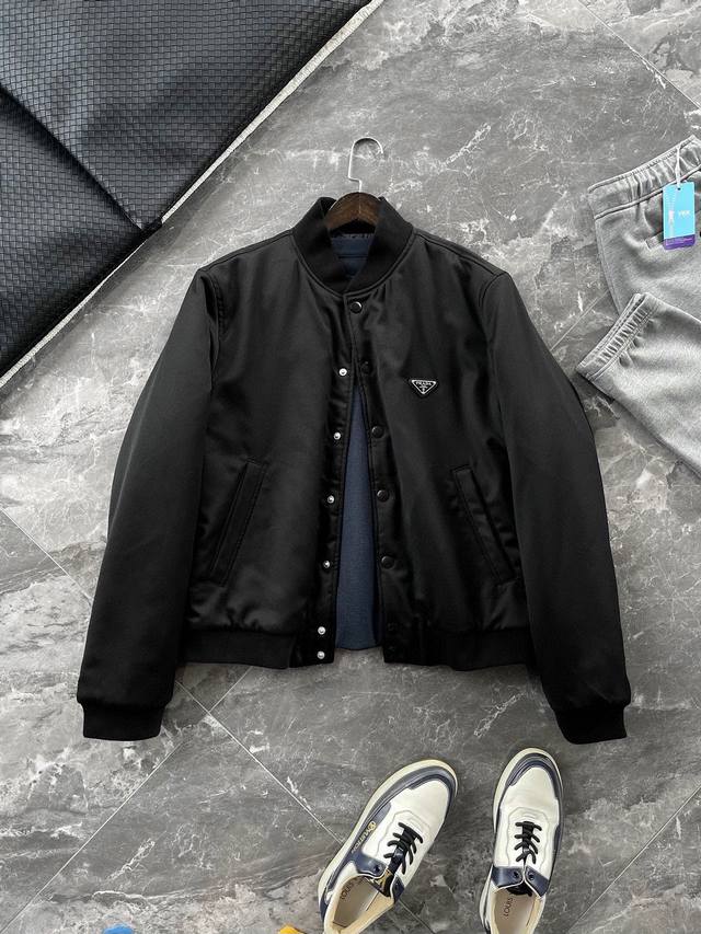 prafw Autumn/Winter New Black Twill Wool Baseball Jacket, Men's Classic Triangle