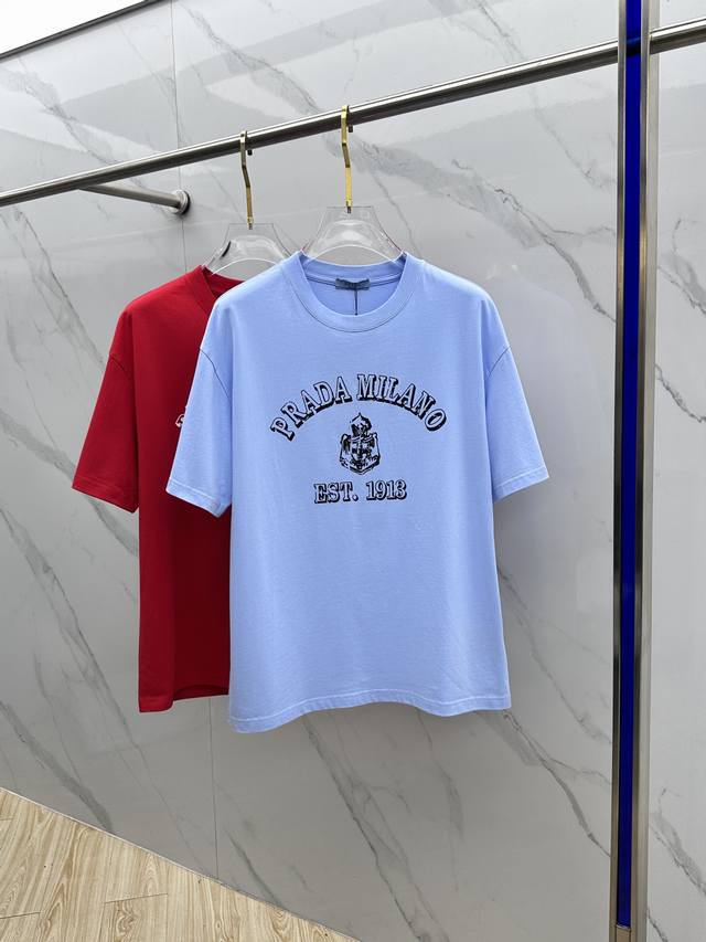 Prada 2026 Spring/Summer New Simple Letter Print Short-Sleeve Top, Double Yarn