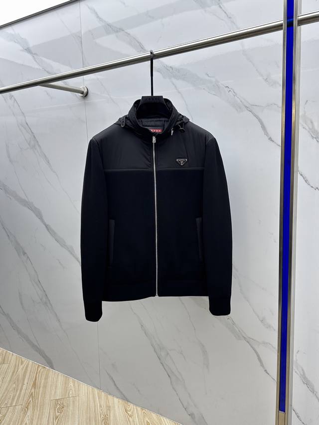 Prada 2025 Early Autumn New Fashion Hooded Knitted Nylon Patchwork Down Jacket.