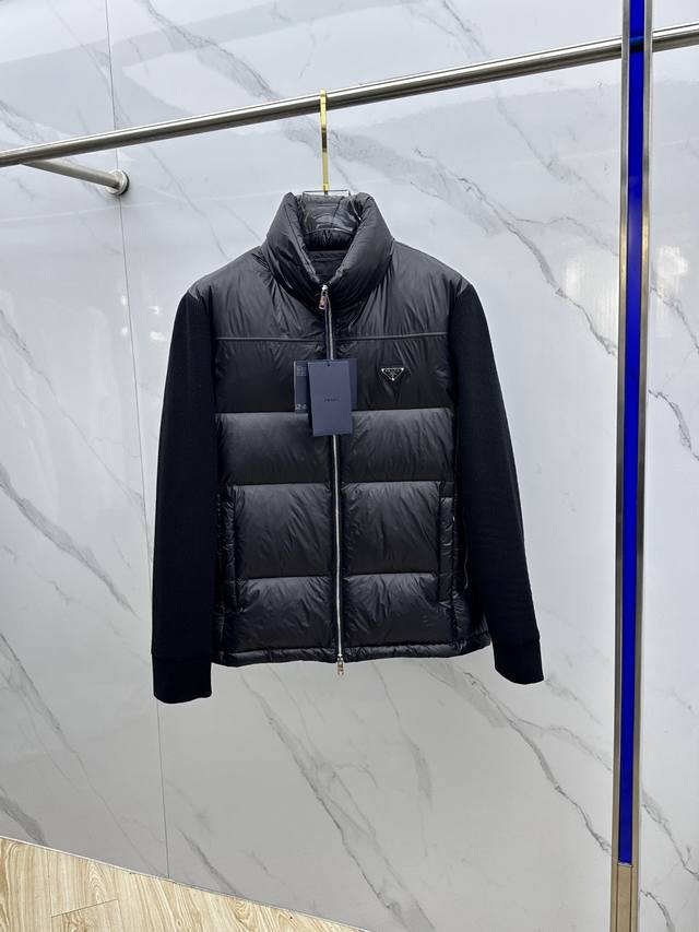 Prada 2025 latest fashionable stand-up collar down jacket, knitted wool patchwo
