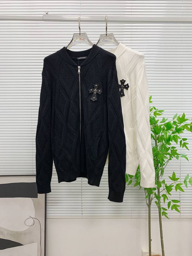 S Chrome Hearts Black Diamond Pattern Wool Coat. Classic baseball collar + zippe