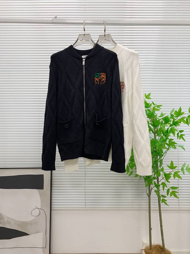 S Loewe Black Diamond Pattern Wool Coat, classic baseball collar + zipper design