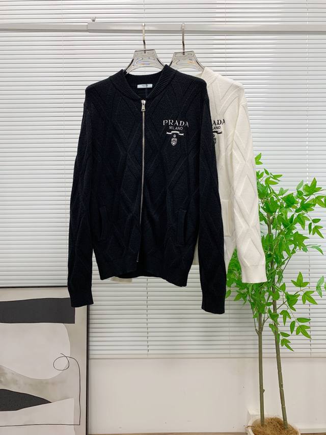 S Prada Black Diamond Pattern Wool Coat, classic baseball collar + zipper design