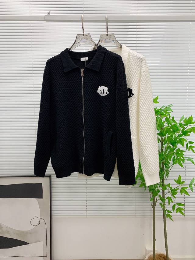 S Dior Black Diamond Pattern Wool Coat, classic baseball collar + zipper design,