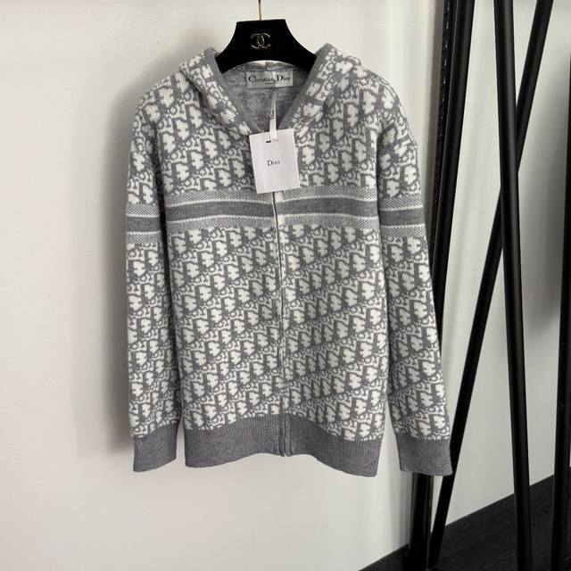 Style No. 20258317 Dio* New Monogram Logo Letter Long-Sleeve Hooded Knit Cardig