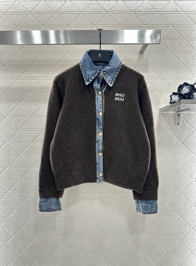 Miumi*2025 New Arrival Denim Patchwork Lapel Knit Cardigan Made of custom Yb woo