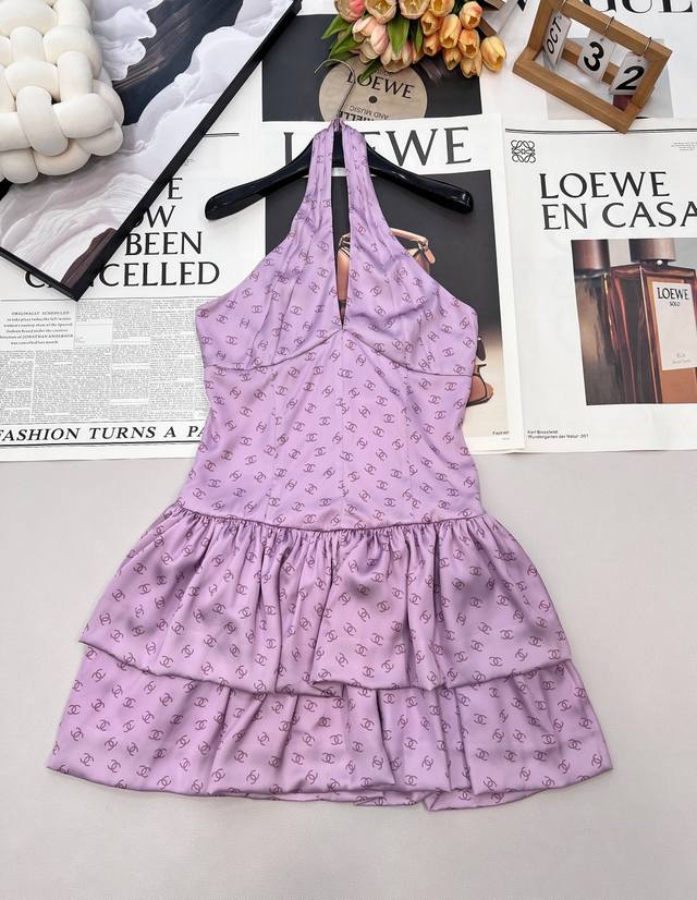 Chanel 2025 New Printed Halter Neck Dress, made of custom-made imported silk, li