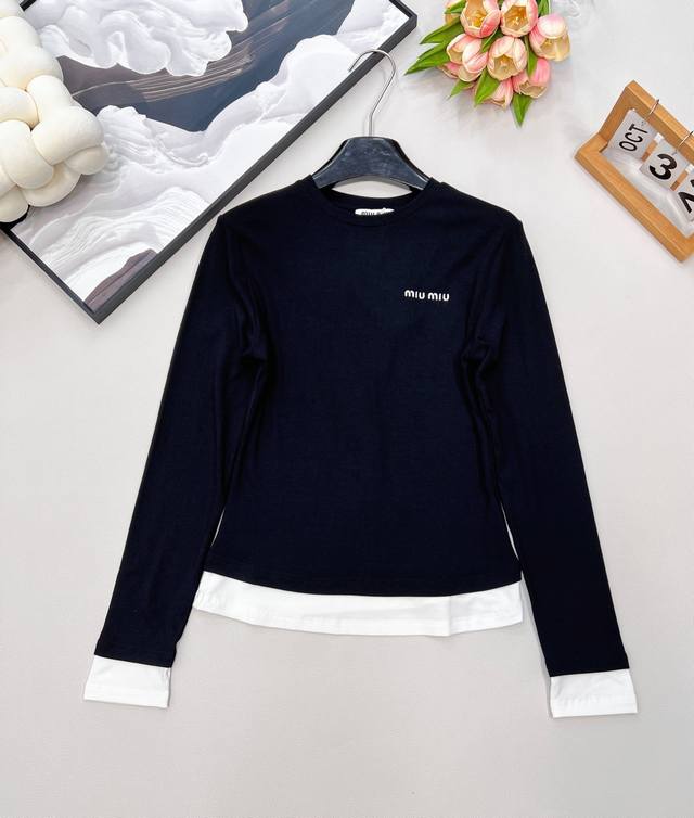 Miu Miu Autumn/Winter New Color-Blocked Faux Two-Piece Long-Sleeve T-Shirt I abs