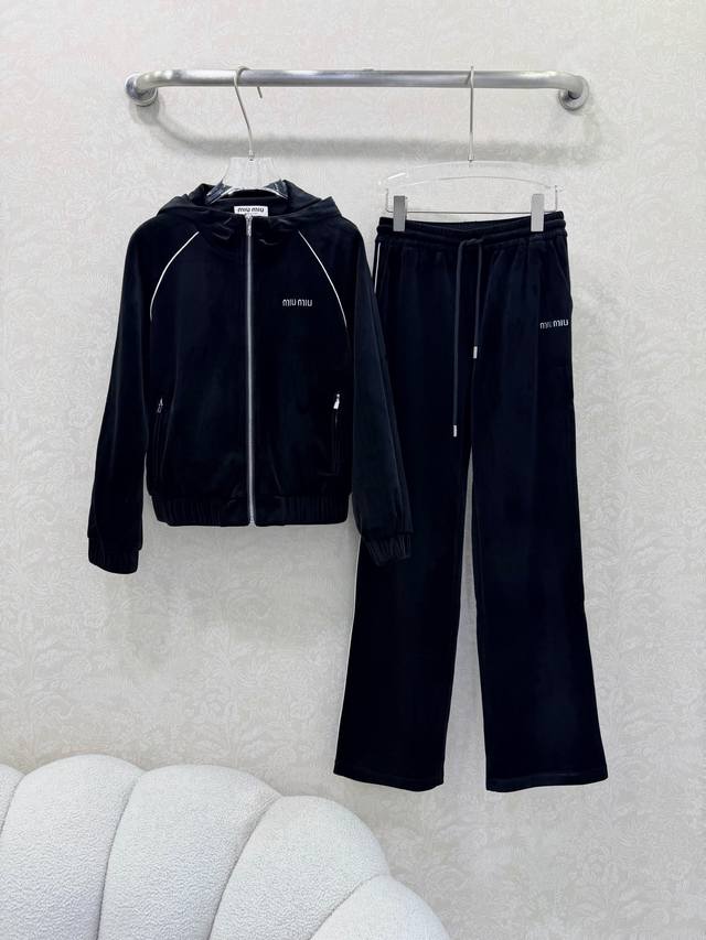Miumi*25 New Casual Velvet Tracksuit Custom Fabric Hooded Hem Fitted Jacket Wide
