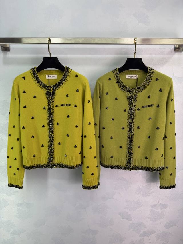 Miu*25 Autumn/Winter New Embroidered Knit Cardigan. The bright yellow and olive