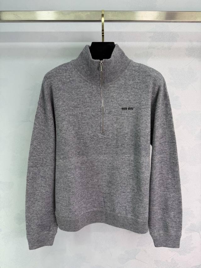 Miumi*2025 New Stand Collar Pullover Half-Open Knit Sweater, Custom Yb Wool Yarn