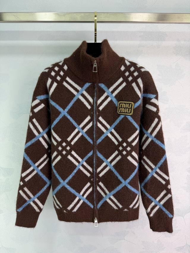 Miumi*2025 Autumn/Winter New Plaid Stand Collar Knit Cardigan! Made with custom