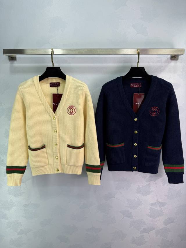 Gu*25 New Color-Blocked Cuff Knit Cardigan, V-Neck, Single-Breasted, Custom Doub