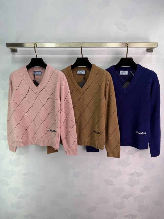 prad* 2025 Autumn/Winter New V-Neck Diamond Pattern Knit Long-Sleeve Top! Made w