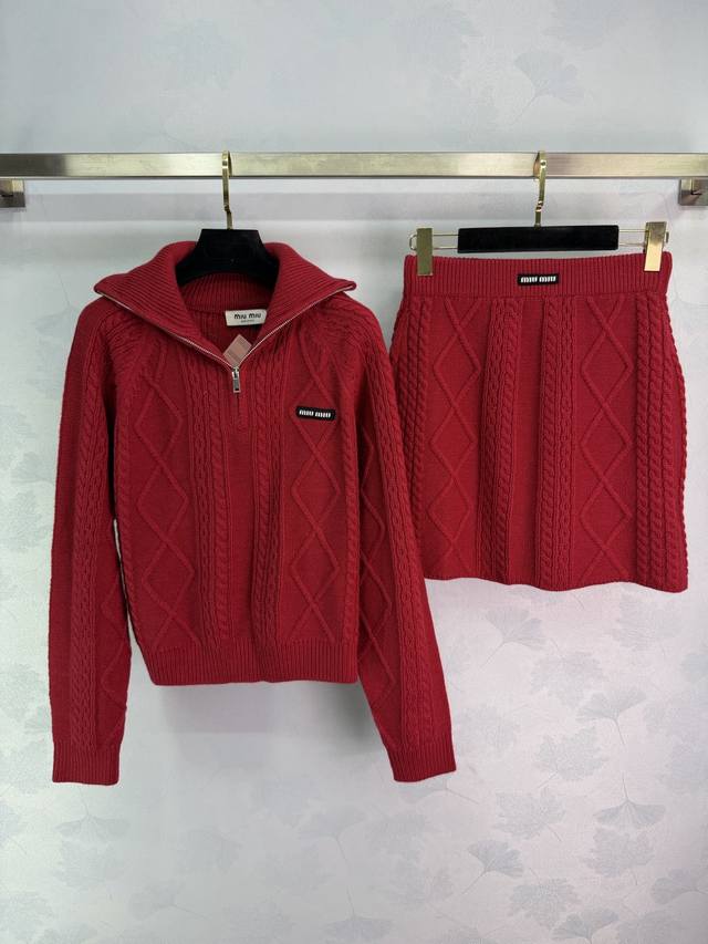 Miumi*2025 Autumn/Winter New Arrival: Diamond Pattern Collar Knit Sweater and Sk