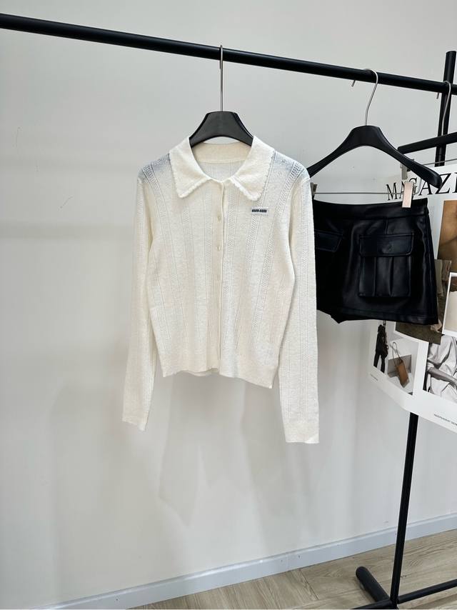 M Off-white hollowed-out lace polo knit cardigan, fabric: cashmere + mulberry si