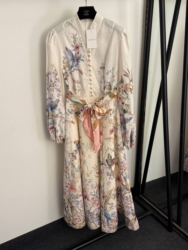 Style No. 20258286 Zimmermann *New Floral and Bird Print Tie-Waist Fitted Lanter