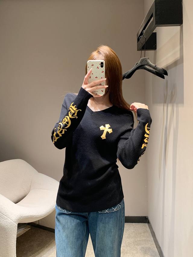 Chorme Heart* 26Ss Early Spring New Cross-Patterned Leather V-Neck Cashmere Knit