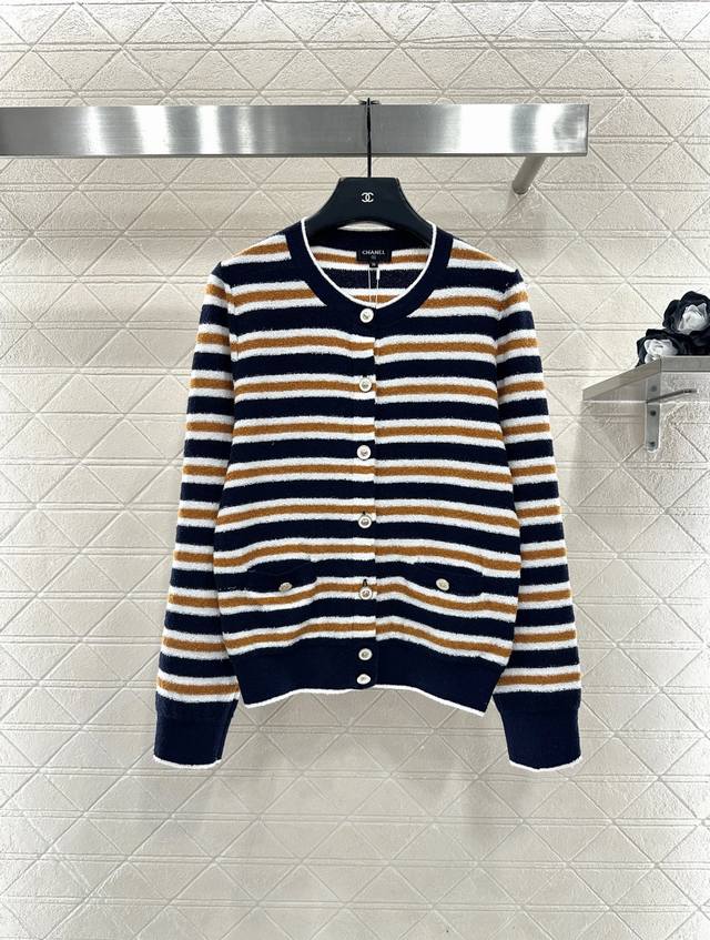 Chane*2025 New Arrival Crew Neck Striped Knit Cardigan Custom Yb cotton yarn, so