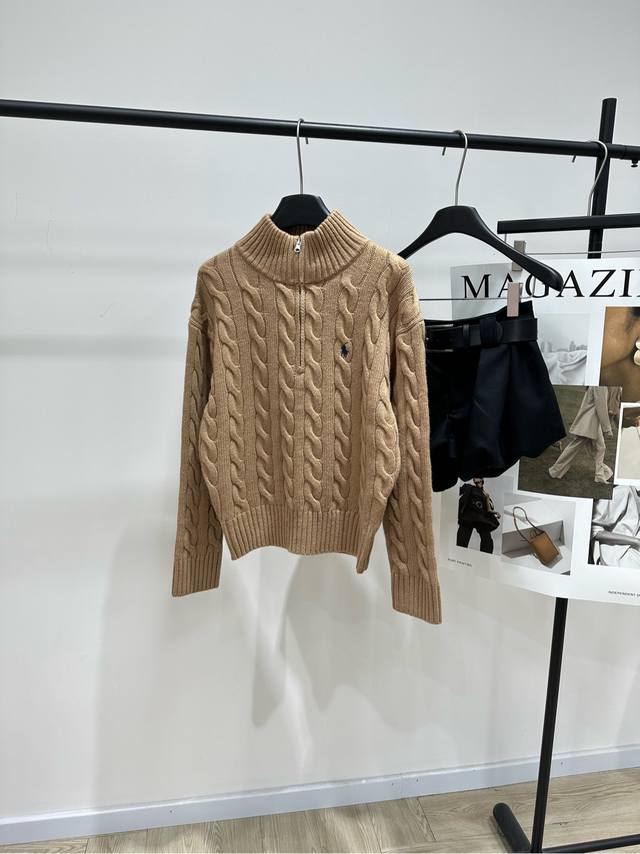 Camel Pony Half-Zip Stand Collar Cable Knit Sweater 0, Fabric: 100% Wool Color: