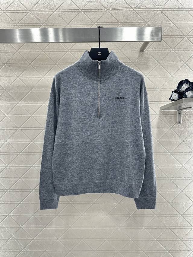 Miumi*2025 New Arrival Stand Collar Pullover Half-Open Knit Sweater. Made with c