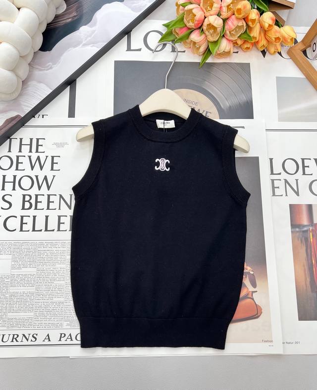Celine 2025 New Crew Neck Arc de Triomphe Logo Knitted Vest. Made with custom Yb