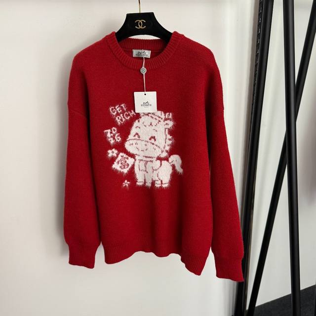 Style No. 20258190 Herme* New Lucky Pony Pullover Long-Sleeve Knit Sweater, Red