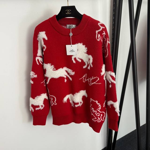 Style No. 20258187 Herme* New Pony Plush Jacquard Pullover Long-Sleeve Knit Swe