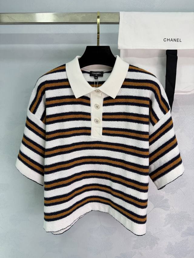 Ch*26C Early Spring New Striped Knit Polo Shirt, made of soft knit fabric, with
