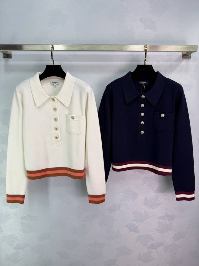 Ch*26C Early Spring Resort Collection Knitted Polo Shirt. Features classic strip