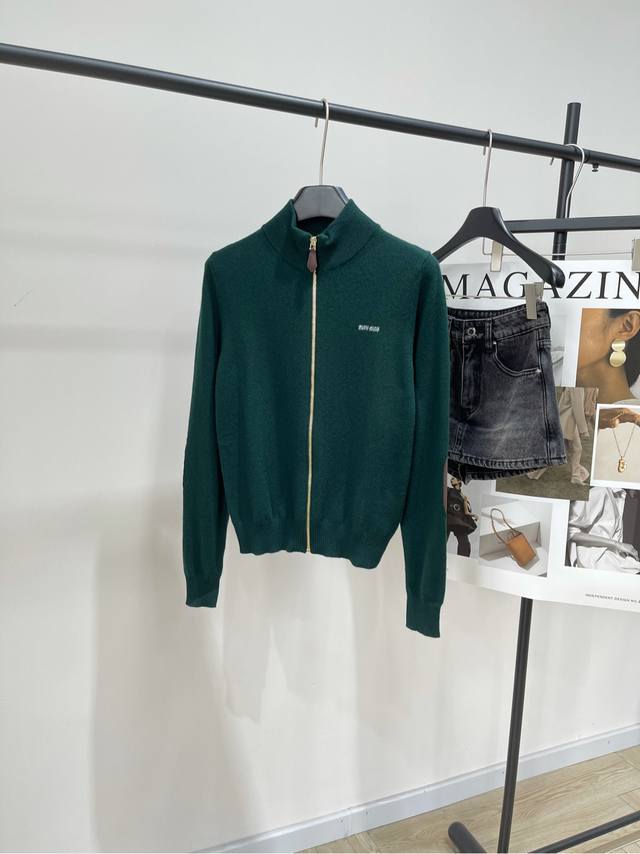 M Dark Green Patchwork Cashmere Stand Collar Zipper Cardigan . Fabric: Cashmere