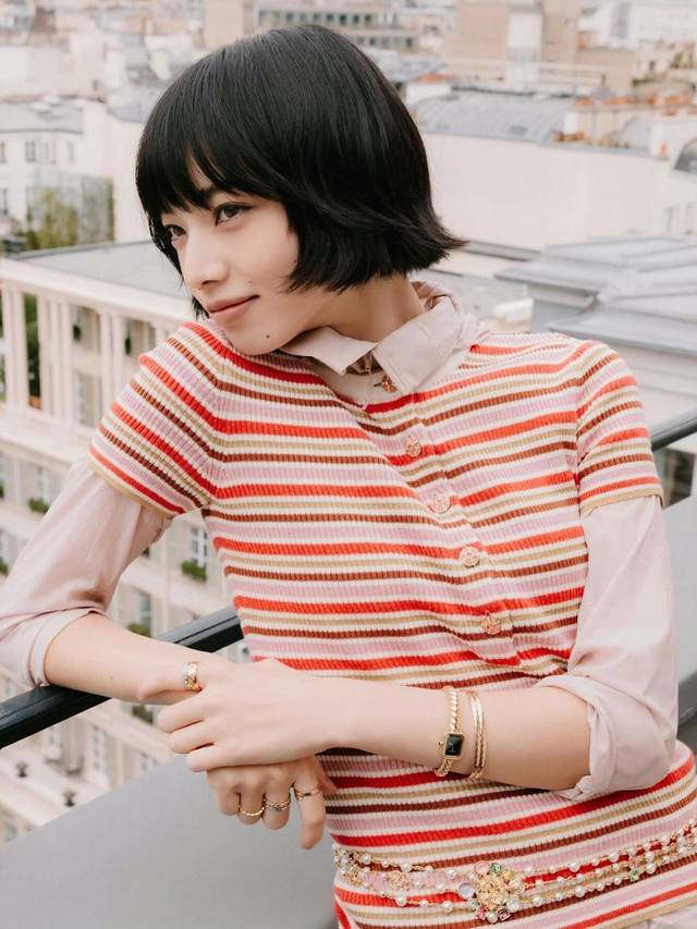 Chan*L 26C New Color-Blocked Striped Short-Sleeve Knit Sweater from the M