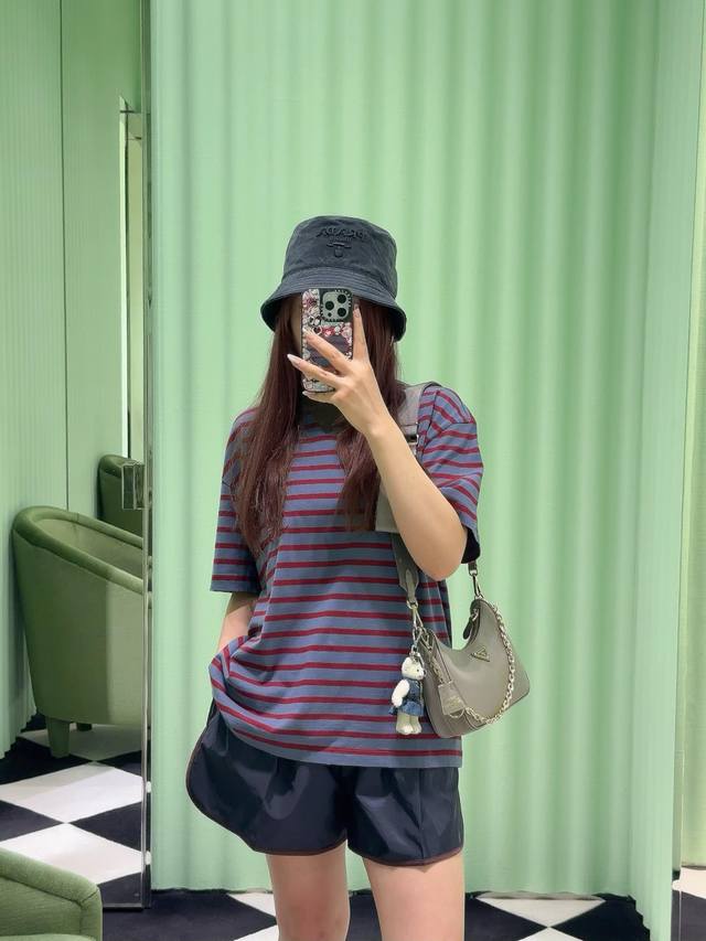 prad* 26Ss Early Spring New Arrival Micro Logo Pocket 100% Cotton Striped Short-