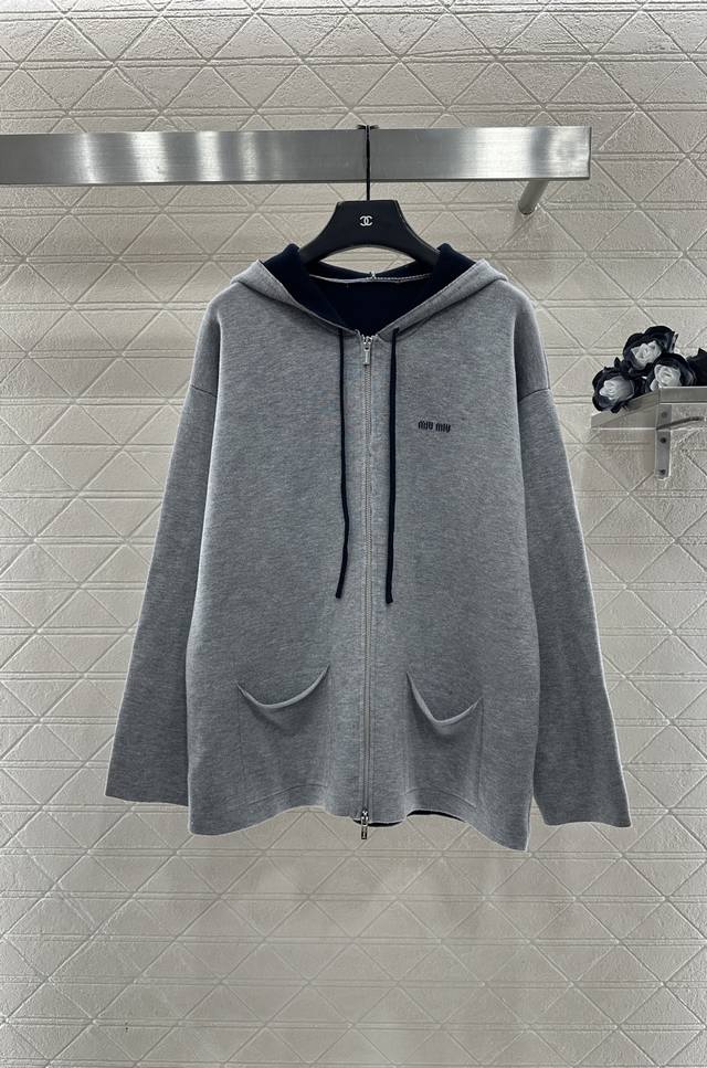 Miumi*2025 New Arrival Hooded Letter Mid-Length Coat Custom Yb wool yarn weave,