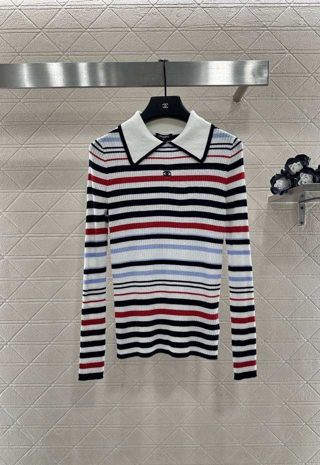 Chane*2025 New Arrival Striped Collared Knit Long-Sleeve Top. Made with custom Y