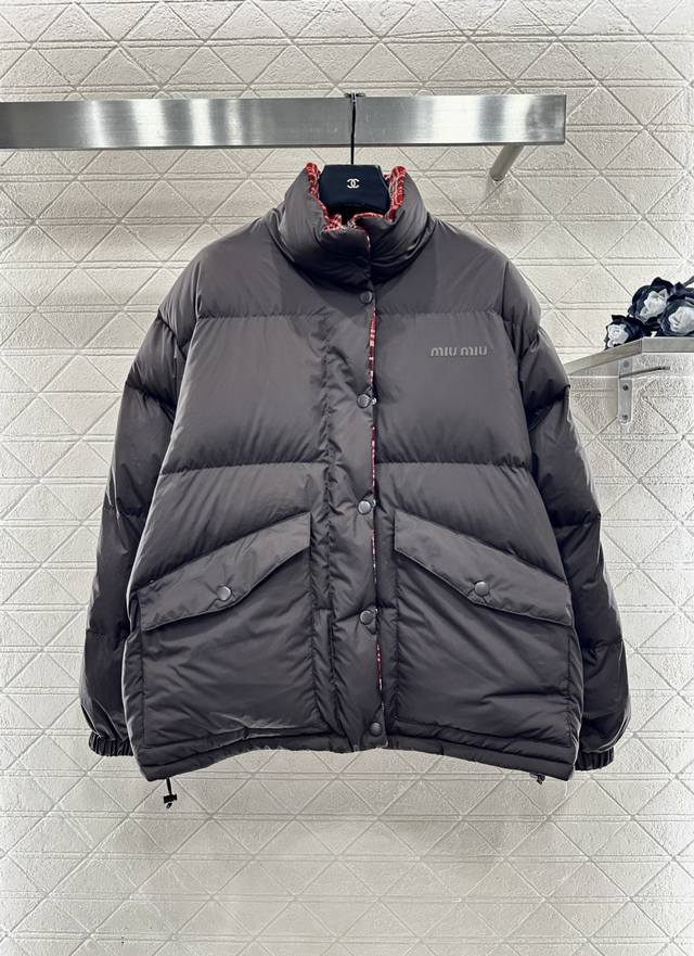 Miumi*2025 New Arrival Reversible Plaid Stand Collar Down Jacket Custom Yb Impor