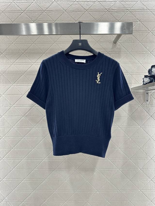 Saint Lauren*2026 New Arrival Vertical Ribbed Brooch Knit Short-Sleeve T-Shirt C