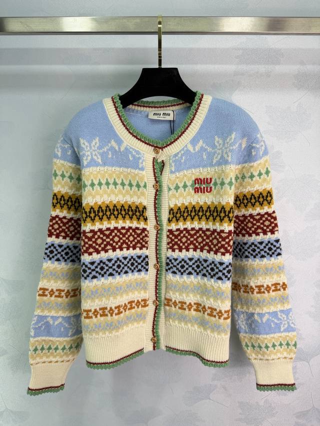 Miumi*2025 Autumn/Winter New Fair Isle Color-Blocked Crochet Knit Cardigan! Craf