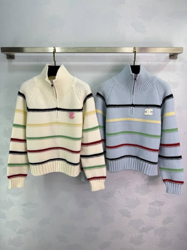 Ch* 2025 Autumn/Winter New Colorful Striped Lapel Zipper Knit Long-Sleeve Sweate