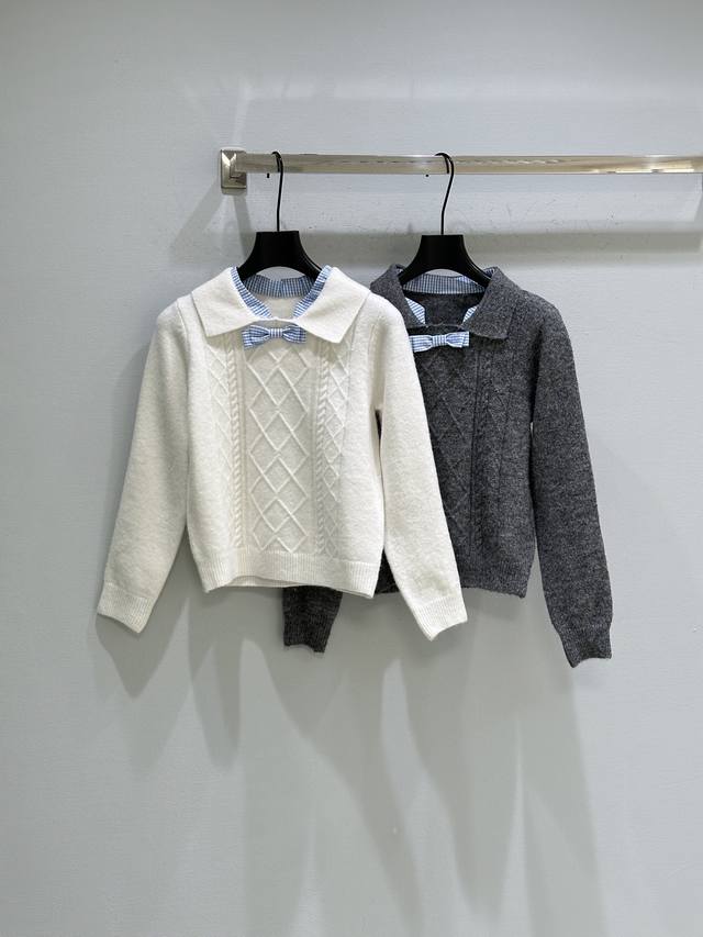 25Ss New Winter Arrival! Cable knit gingham texture + bow at the neckline, full