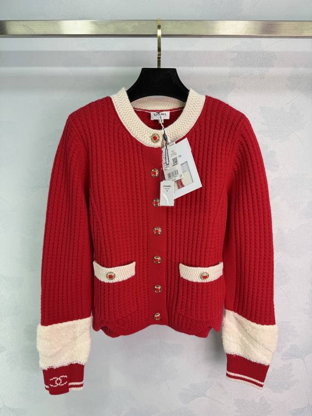 Chane*2025 Autumn/Winter New Color-Blocked Pocket Knit Cardigan 25Coco Ski Serie