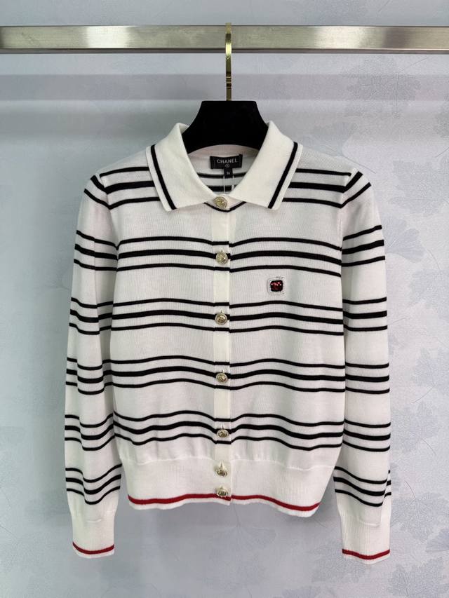 Chane*2026 Early Spring New Striped Collared Knit Cardigan, Custom Yb Mercerized