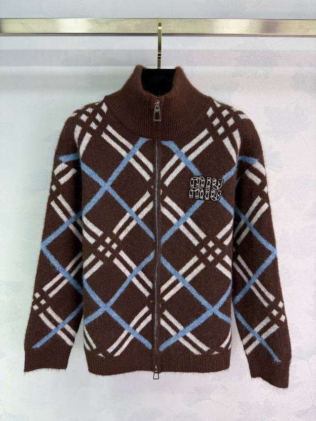 Miumi*2025 Autumn/Winter New Plaid Stand Collar Knit Cardigan! Made with custom