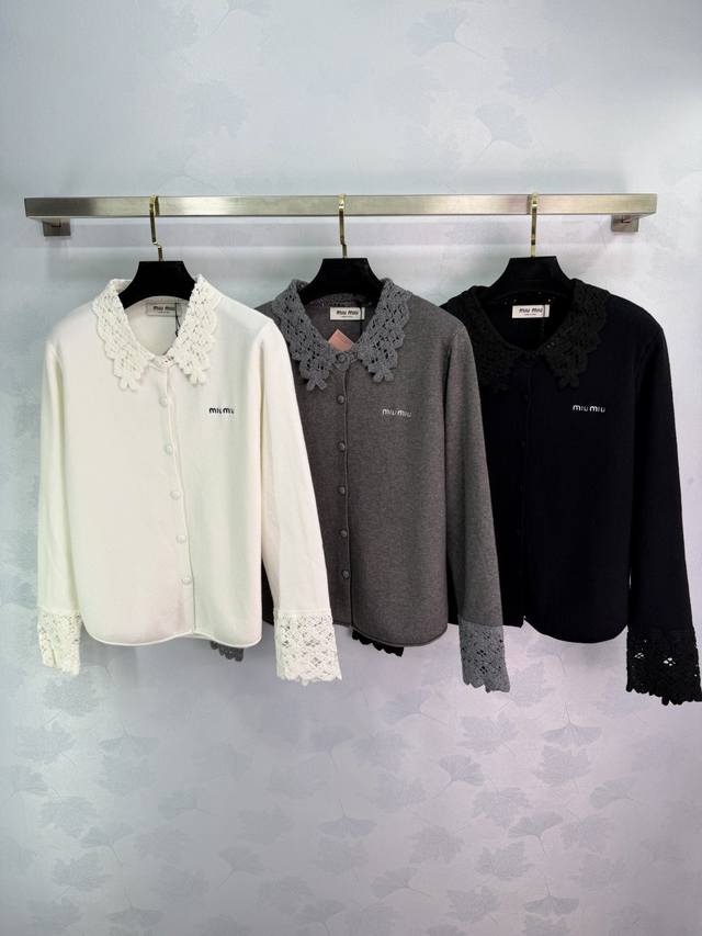 Miumi* 2025 Autumn/Winter New Crochet Collar Knit Long-Sleeve Cardigan! Made of