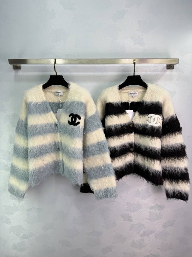Ch* 2025 Early Autumn New Mohair V-Neck Color-Blocked Striped Long-Sleeve Cardig