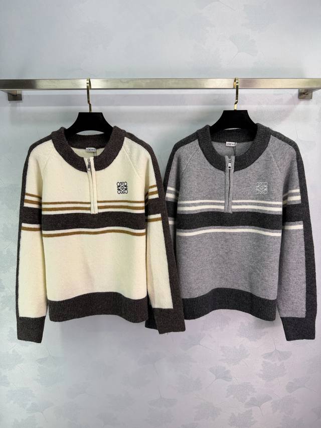 Loe*25 Autumn/Winter New Color-Blocked Striped Knit Zipper Sweater. Made of soft