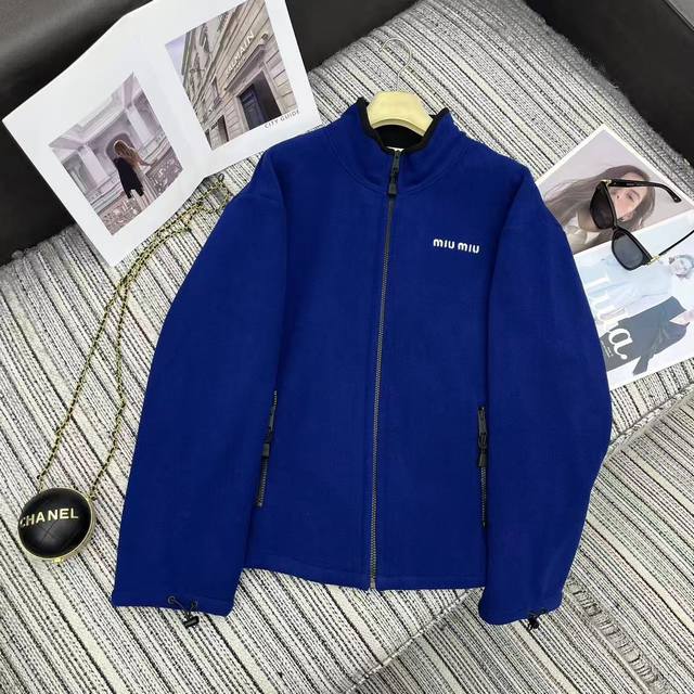 Highly Recommend Miumi* 2025 Autumn/Winter New Blue Fleece Small Logo Sports Ja