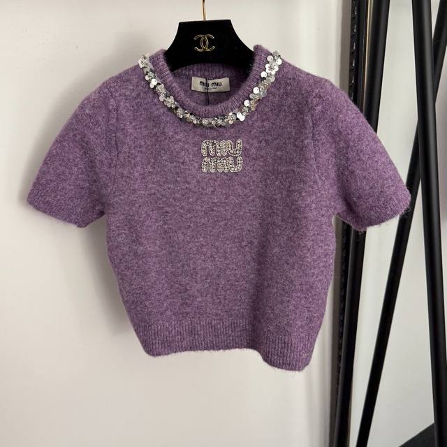 Style No. 20258441 Miumi*New Rhinestone Logo Sequin Beaded Crew Neck Short Sleev