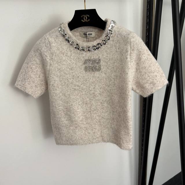 Style No. 20258441 Miumi*New Rhinestone Logo Sequin Beaded Crew Neck Short Sleev